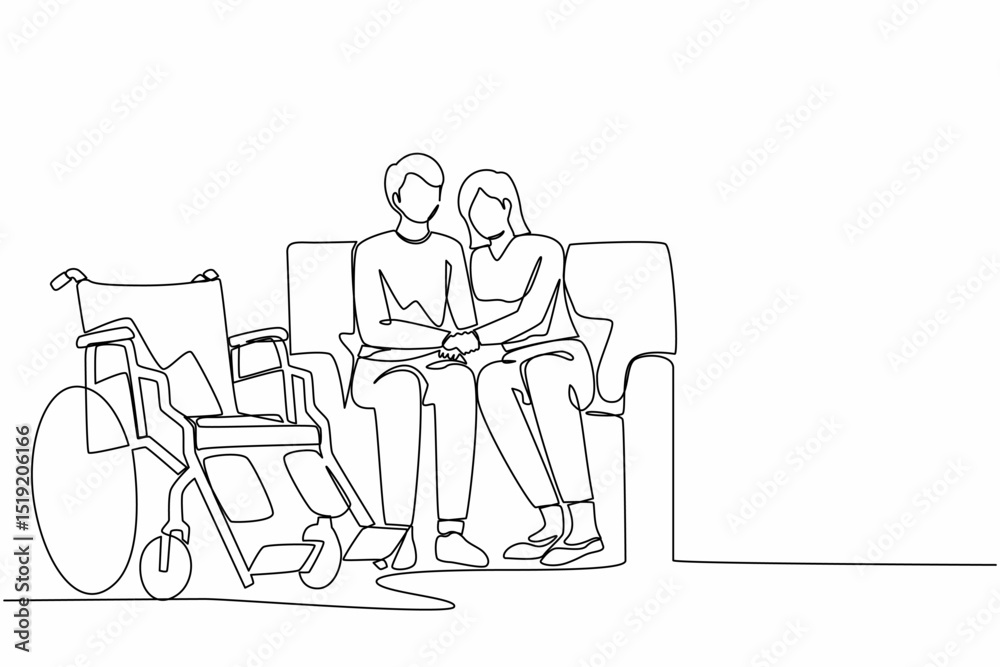 Continuous one line drawing woman comforting injured disabled husband tell diagnosis help with disability problem talk, holding hands with wheelchair at home. Single line draw design vector graphic Continuous one line drawing woman comforting injured disabled husband tell diagnosis help with disability problem talk, holding hands with wheelchair at home. Single line draw design vector graphic