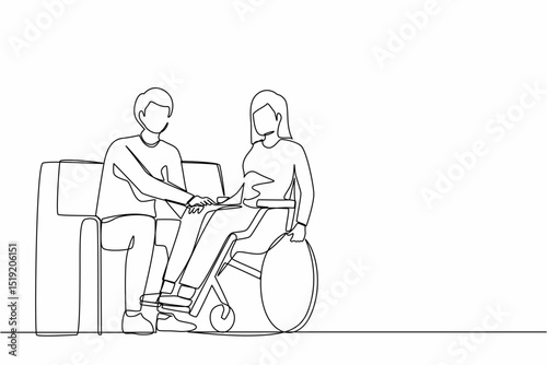 Single continuous line drawing couple at home with disability woman in wheelchair holding hands with man sitting on sofa. Assistance rehabilitation of disabled person. One line graphic design vector