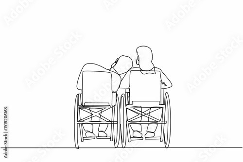 Continuous one line drawing back view couple with disabilities sit in wheelchairs talking each other. Man rests his head on woman's shoulder. Рeople with disability. Single line draw design vector