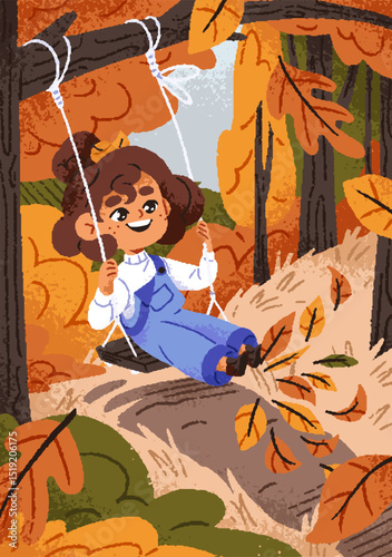 Happy kid has fun on swings in autumn forest. Cute little girl rides on hanged with rope plank. Joyful child in funny jumpsuit sits, play outdoors in fall. Flat hand drawn vector illustration
