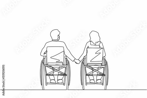 Continuous one line drawing back view of disabled people on wheelchair living happy active lifestyle. Disabled couple man woman in wheelchair sitting and holding hands. Single line draw design vector