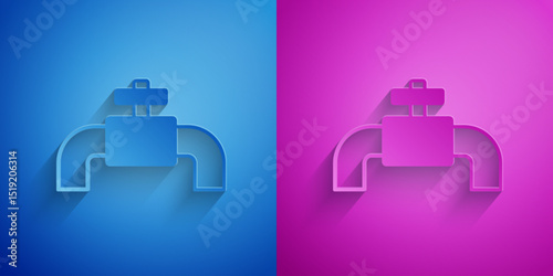 Paper cut Industry metallic pipes and valve icon isolated on blue and purple background. Paper art style. Vector