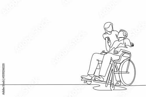 Single one line drawing wife embracing disabled husband sitting on wheelchair. Couple looking at each other with love. Woman holding hands of disable man. Continuous line draw design graphic vector