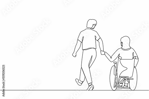Continuous one line drawing back view man with his beloved disabled wife on wheelchair is taking stroll. Young woman with physical disability and her husband outdoors. Single line draw design vector