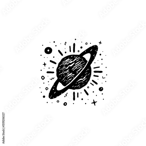 A celestial sketch of a ringed planet amidst stars in a minimalist illustration