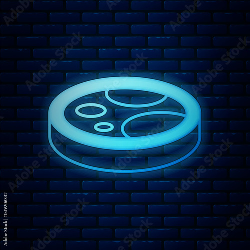 Glowing neon Petri dish with bacteria icon isolated on brick wall background. Vector