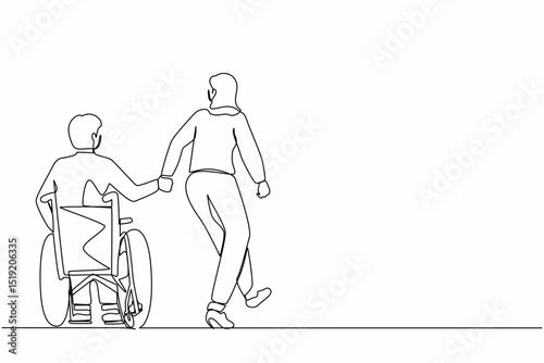 Single continuous line drawing back view woman with her beloved disabled husband on wheelchair is taking stroll. Young man with physical disability and his wife outdoors. One line draw design vector