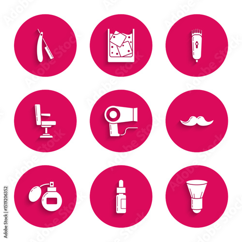 Set Hair dryer, Glass bottle with pipette, Shaving brush, Mustache, Aftershave, Barbershop chair, Electrical clipper or shaver and Straight razor icon. Vector