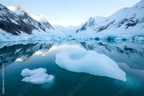Frozen beauty and isolation captured from above - Drone shot of icebergs floating in a glacial lake surrounded by snow