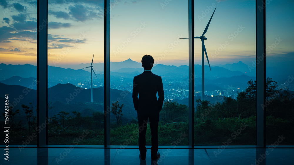 Fototapeta premium Renewable energy engineer stands modern office, gazing wind turbines against sunset backdrop, reflecting sustainability