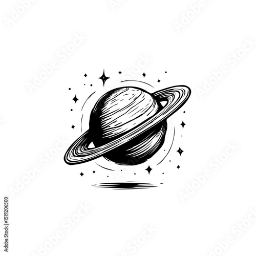 Detailed black and white line art illustration of Saturn and surrounding stars