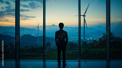 Renewable energy engineer stands modern office, gazing wind turbines against sunset backdrop, reflecting sustainability
