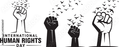 International Human Rights Day Vector Silhouette with Raised Fists and Flying Birds
