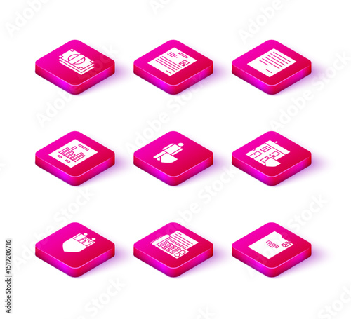 Set Family insurance with shield, Fax machine, Document graph chart, Life, Personal folder, House, and document icon. Vector