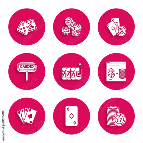 Set Slot machine with lucky sevens jackpot, Casino chips, Online casino exchange stacks of dollars, cards, signboard, and glass whiskey ice cubes and Game dice icon. Vector