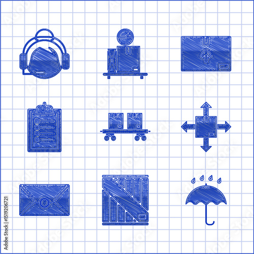 Set Railway carriage, Wooden box, Umbrella and rain drops, Cardboard with traffic symbol, Envelope, Verification of delivery list clipboard, and Support operator touch icon. Vector
