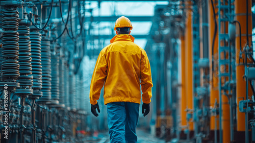Technician yellow jacket walks through high voltage facility, surrounded by electrical equipment and power lines