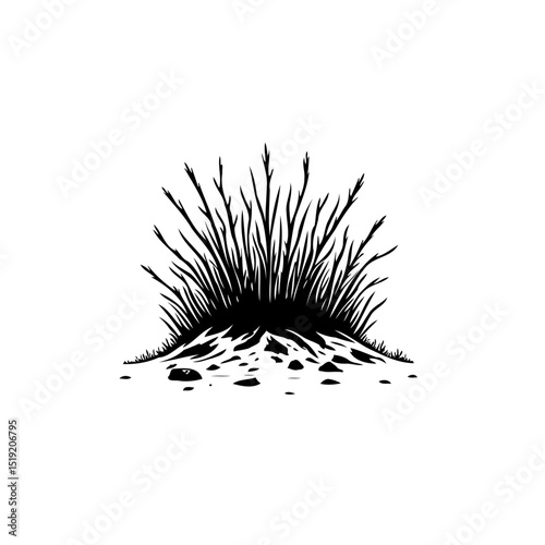 Stylized grass tuft on a mound with scattered rocks in black and white illustration