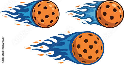 Dynamic Pickleball Vector Graphics with Flaming Balls
