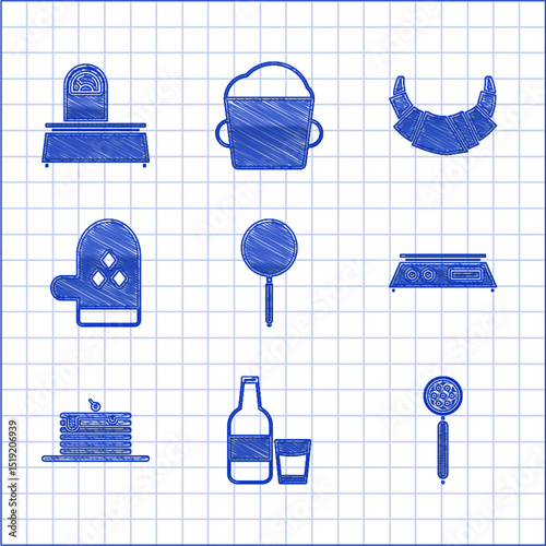 Set Frying pan, Glass bottle with milk and glass, Strainer spoon, Electronic scales, Stack of pancakes, Oven glove, Croissant and Scales icon. Vector
