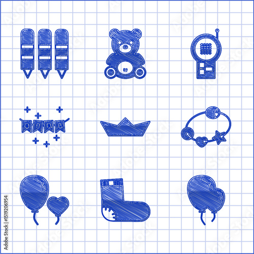 Set Folded paper boat, Baby socks clothes, Balloons with ribbon, Rattle baby toy, in form of heart, Carnival garland flags, Monitor Walkie Talkie and Wax crayons drawing icon. Vector