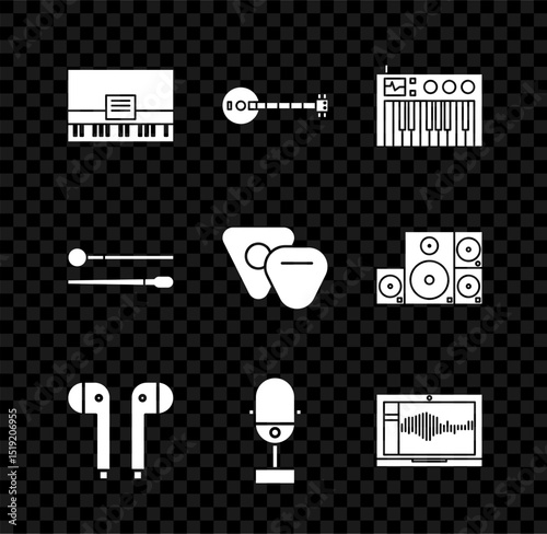 Set Piano, Banjo, Music synthesizer, Air headphones, Microphone, Sound or audio recorder laptop, Drum sticks and Guitar pick icon. Vector