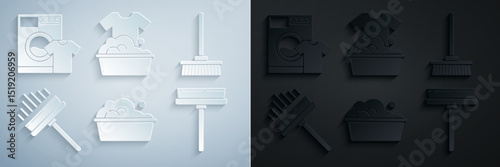 Set Plastic basin with soap suds, Mop, Squeegee, scraper, wiper, and Washer and t-shirt icon. Vector