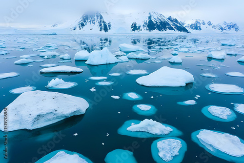 Frozen beauty and isolation captured from above - Drone shot of icebergs floating in a glacial lake surrounded by snow