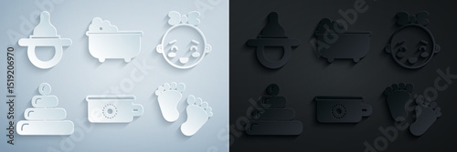 Set Baby potty, Happy little girl head, Pyramid toy, footprints, bathtub and dummy pacifier icon. Vector
