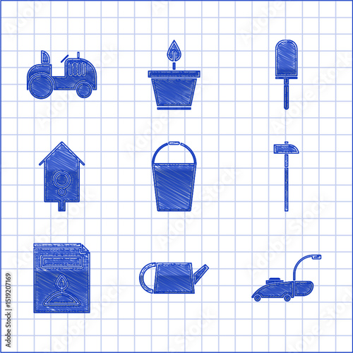 Set Bucket, Watering can, Lawn mower, Hammer, A pack full of seeds of specific plant, Retro wall watch, Garden trowel spade or shovel and Tractor icon. Vector