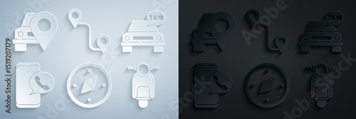 Set Compass, Taxi car, call telephone service, Scooter, Route location and Map pointer with taxi icon. Vector