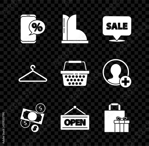 Set Percent discount and phone, Waterproof rubber boot, Hanging sign with Sale, Money cash coin, Open, Gift box, Hanger wardrobe and Shopping basket icon. Vector
