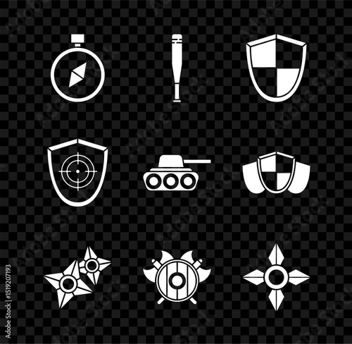 Set Compass, Baseball bat, Shield, Japanese ninja shuriken, Medieval shield with crossed axes, Target sport and Military tank icon. Vector