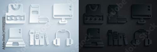 Set Book, Computer monitor screen, Laptop, Headphones, Burger and Waistcoat icon. Vector