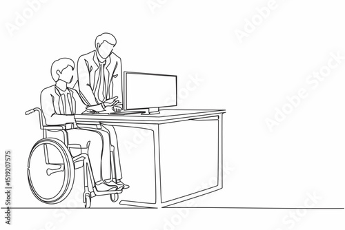 Single continuous line drawing disabled businessman in wheelchair working with colleague in office. People discussing business graph on computer. One line draw graphic design vector illustration