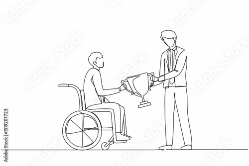 Single one line drawing presenting prize to businessman in wheelchair. Disabled man on wheelchair with trophy cup sharing his joy from achievements and victory. Continuous line draw design vector