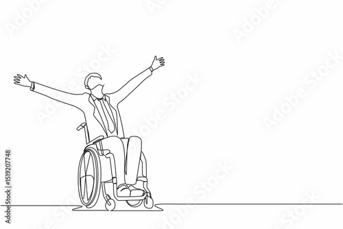 Single continuous line drawing businessman sitting in wheelchair, raising hands in happiness, rehabilitation concept. Happy person raising his hands up for joy. One line draw graphic design vector