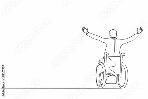 Single one line drawing back view businessman sitting in wheelchair, raising arms in happiness, rehabilitation concept. Happy person raising his hands up for joy. Continuous line draw design vector