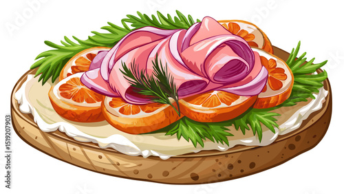 Open-faced rye bread topped with smoked salmon, pickled onions, dill, and remoulade sauce, arranged close-up on white, capturing Scandinavian freshness in every colorful and detailed bite.