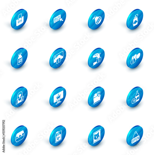 Set Buy button, Healthy organic pear, Sauce bottle, Bottle with milk, Seller, Credit card, Price tag for egg and fish icon. Vector