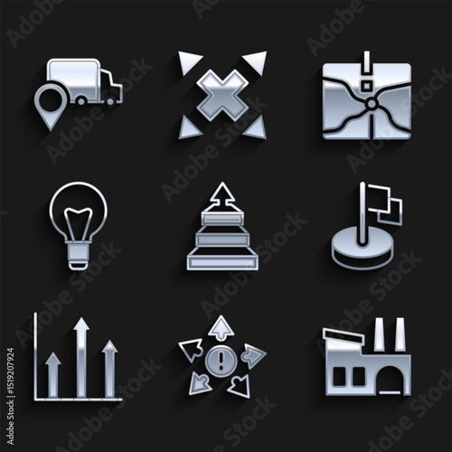 Set Pyramid chart infographics, Many ways directional arrow, Factory, Flag, Pie, Light bulb, Intersection point and Delivery tracking icon. Vector