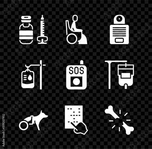 Set Syringe, Woman wheelchair, Intercom, Dog, Braille, Human broken bone, IV bag and Press the SOS button icon. Vector