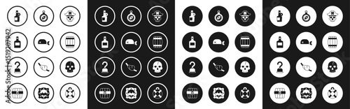 Set Pirate captain, bandana for head, Alcohol drink Rum, Wooden barrel, Compass, Skull and hook icon. Vector