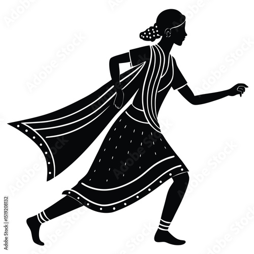 Woman in traditional attire dancing gracefully with flowing garments, illustrated in a dynamic pose with elegance and poise