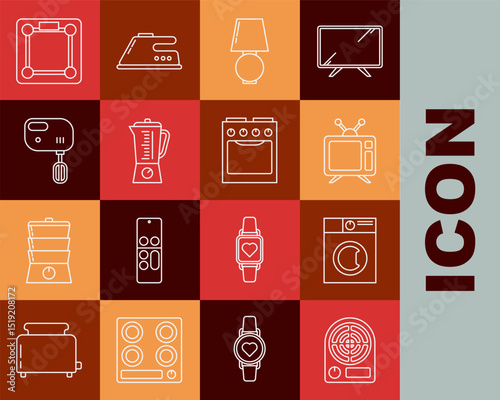 Set line Electric heater, Washer, Television, Table lamp, Blender, mixer, Bathroom scales and Oven icon. Vector