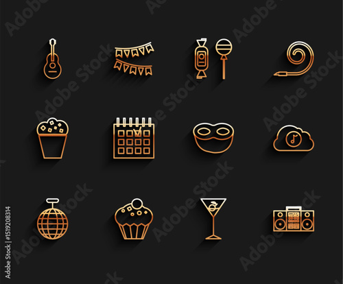 Set line Disco ball, Muffin, Guitar, Martini glass, Home stereo with two speakers, Detailed calendar, Music streaming service and Festive mask icon. Vector