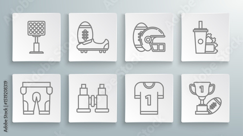 Set line American football shorts, Soccer shoes with spikes, Binoculars, jersey, Award cup and, Football helmet, ticket paper glass soda drinking straw and Bright stadium lights icon. Vector