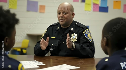 A police officer engages with children in a community discussion.