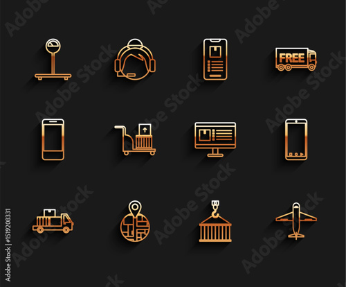 Set line Delivery truck with cardboard boxes, Scale, Container on crane, Plane, Electric hand and, Mobile phone app delivery tracking and Computer monitor icon. Vector