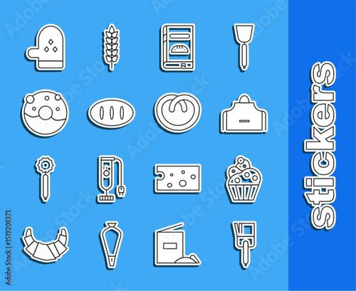 Set line Kitchen brush, Cupcake, apron, Cookbook, Bread loaf, Donut with sweet glaze, Oven glove and Pretzel icon. Vector